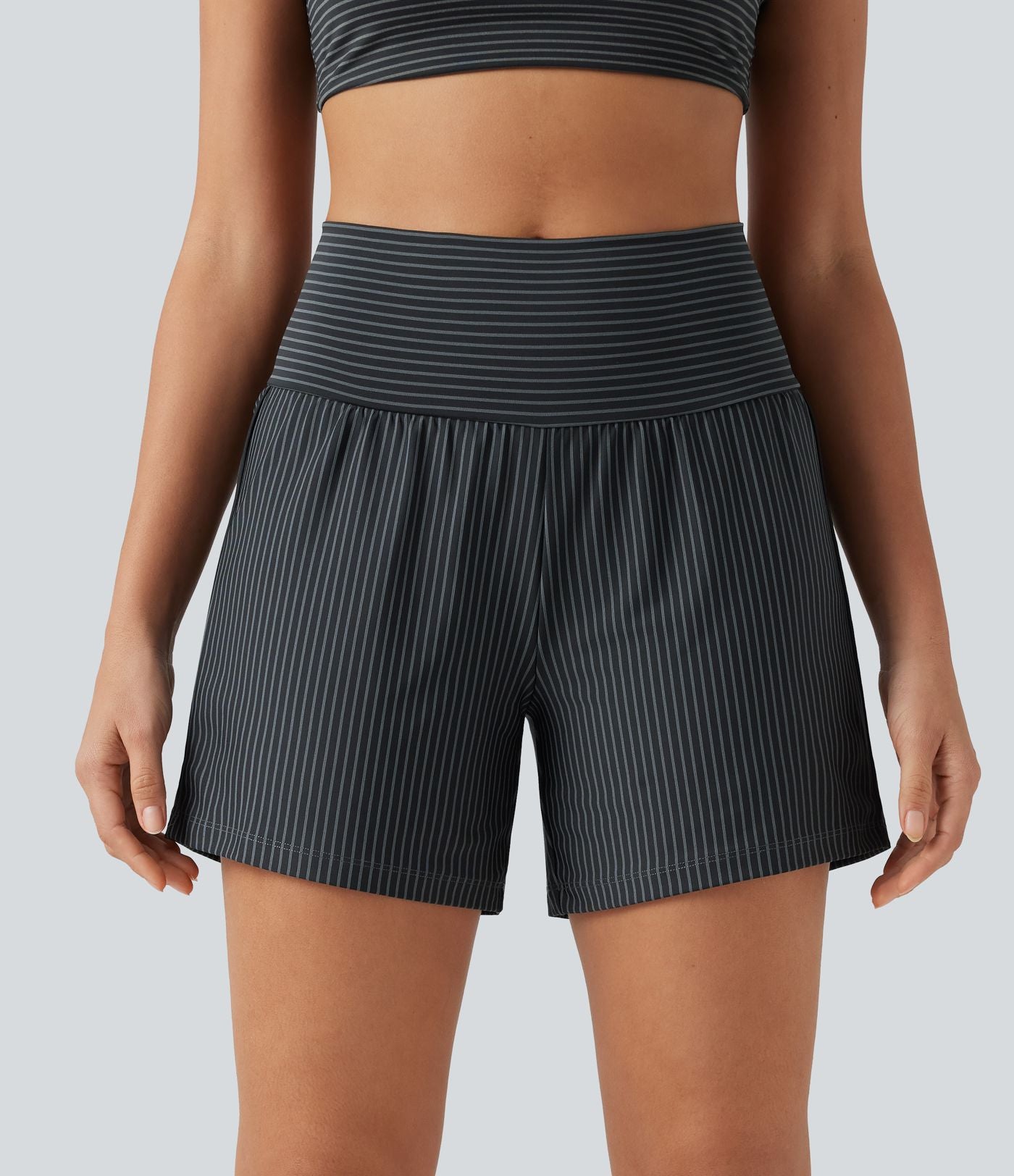 Short de yoga 2-en-1 à rayures, taille très haute, 12,5 cm, à poches