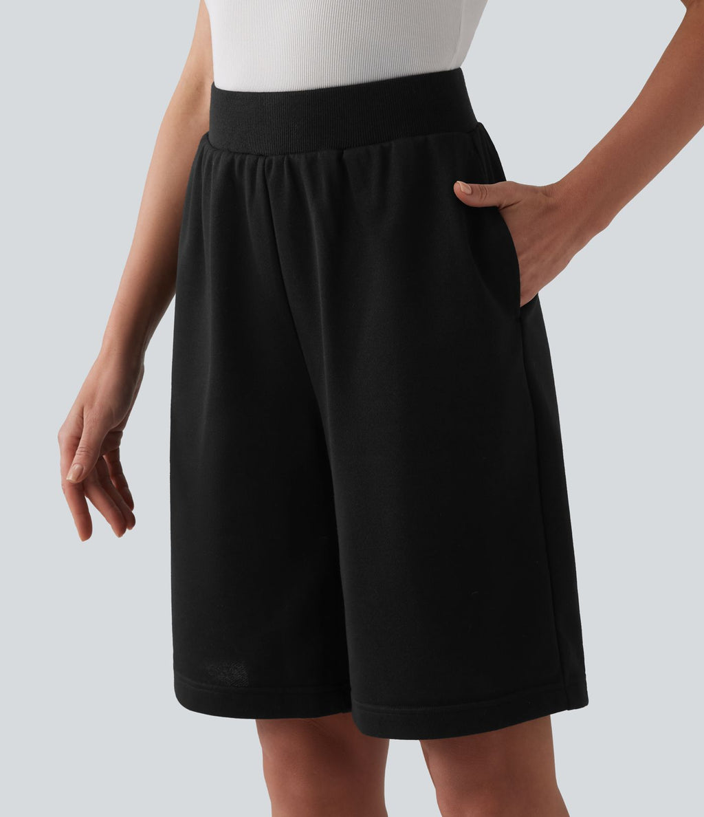 Bermuda casual ample taille mi-haute en molleton français à cordon de serrage intérieur avec poches