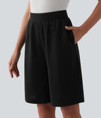 Bermuda casual ample taille mi-haute en molleton français à cordon de serrage intérieur avec poches