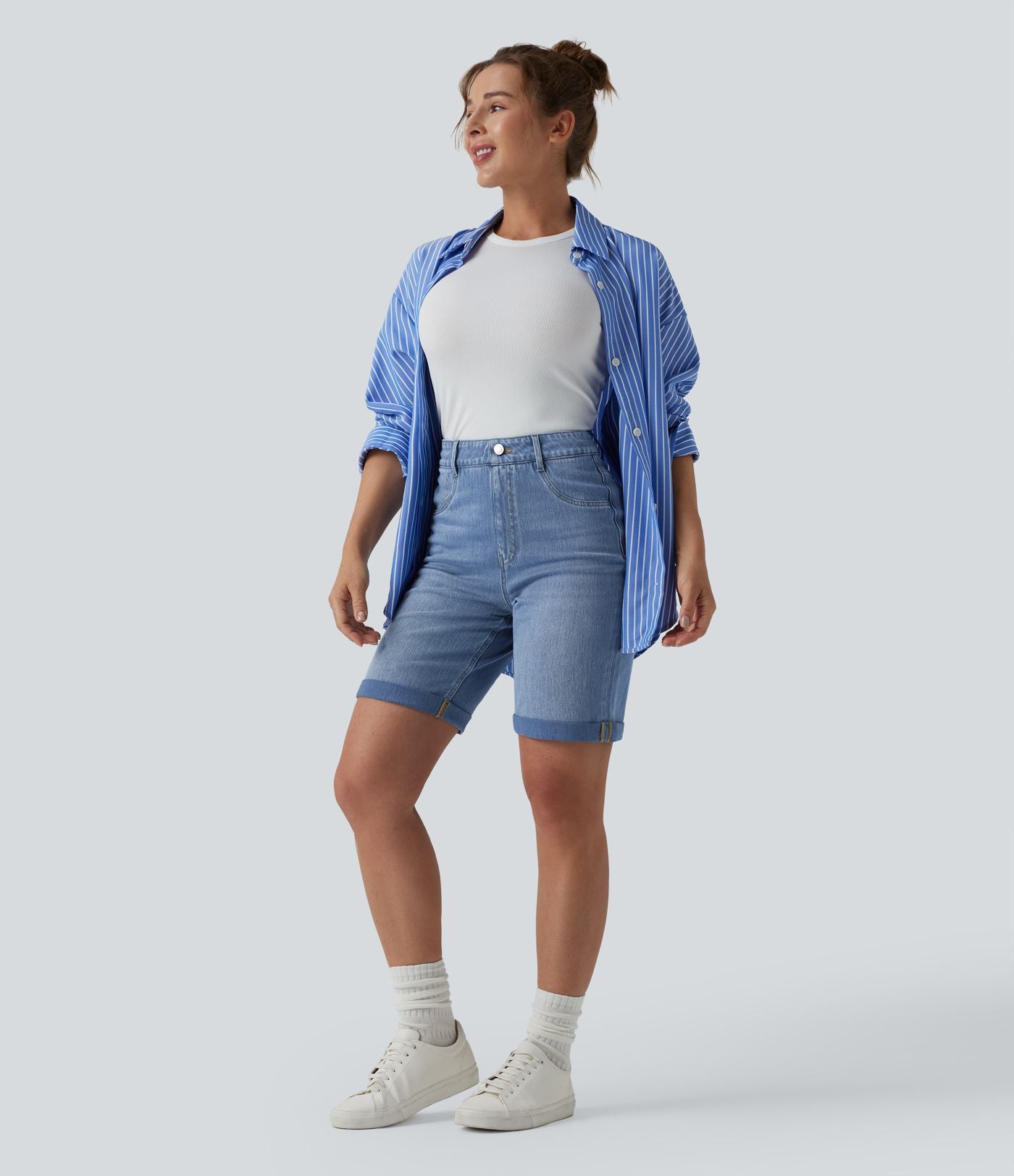 Short en jean Halara Flex™ taille haute gainant délavé à ourlet roulotté décontracté avec poches