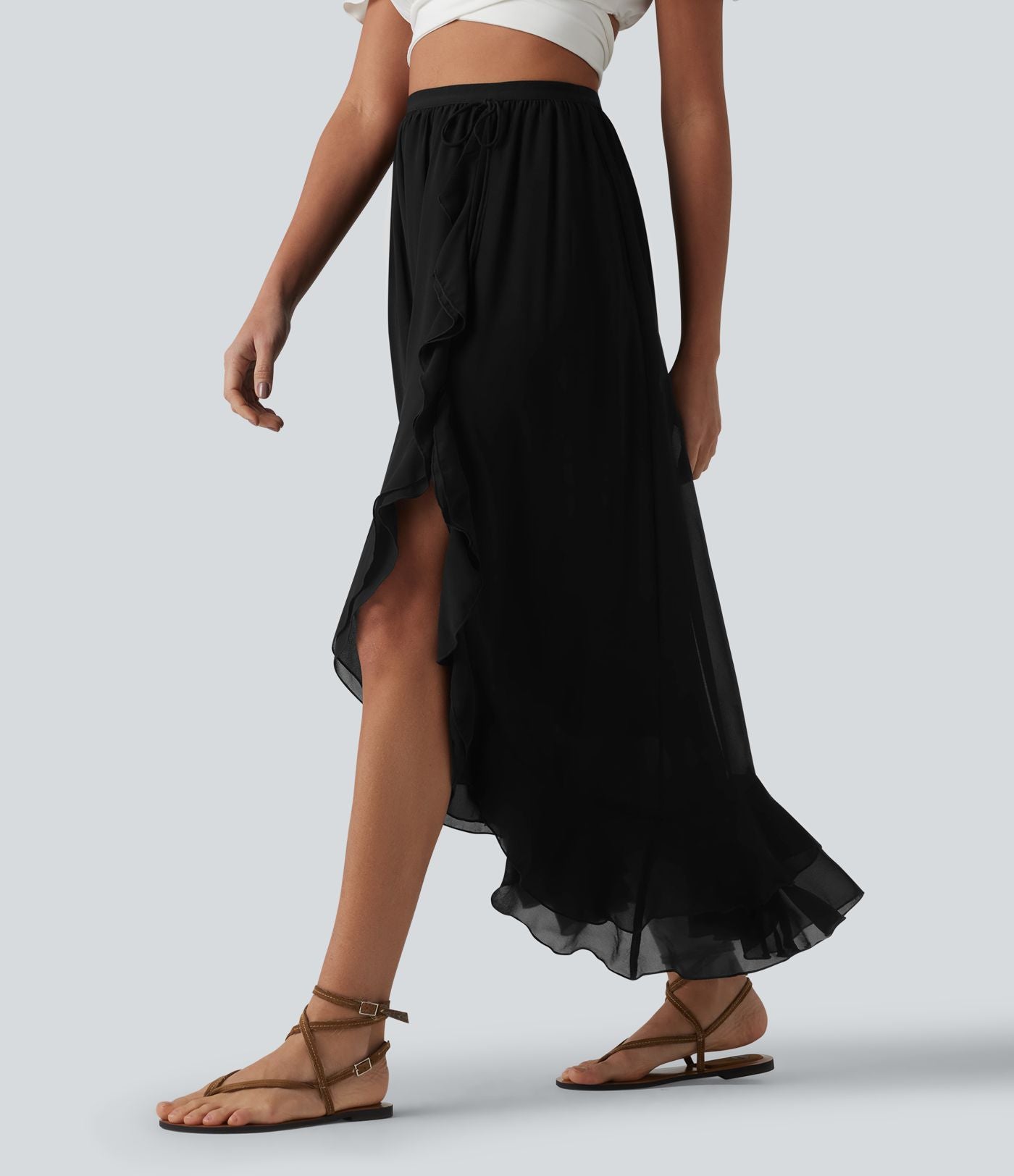 Jupe longue fluide taille haute à volants et ourlet asymétrique