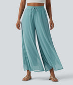 Pantalon large fluide décontracté mesh taille haute avec cordon de serrage et poches