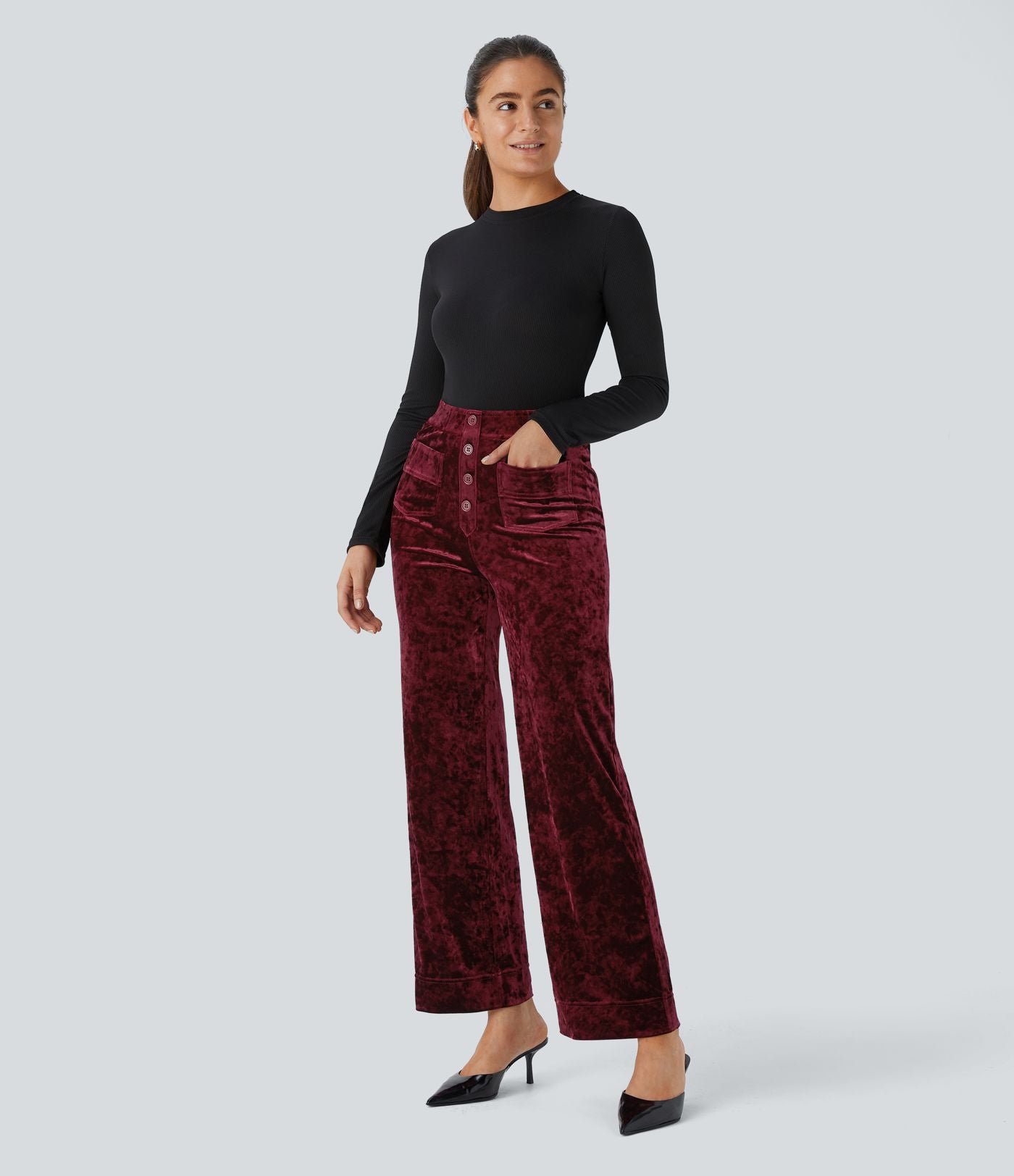 Pantalon en Velours Taille Haute avec Bouton Multipoches Droites