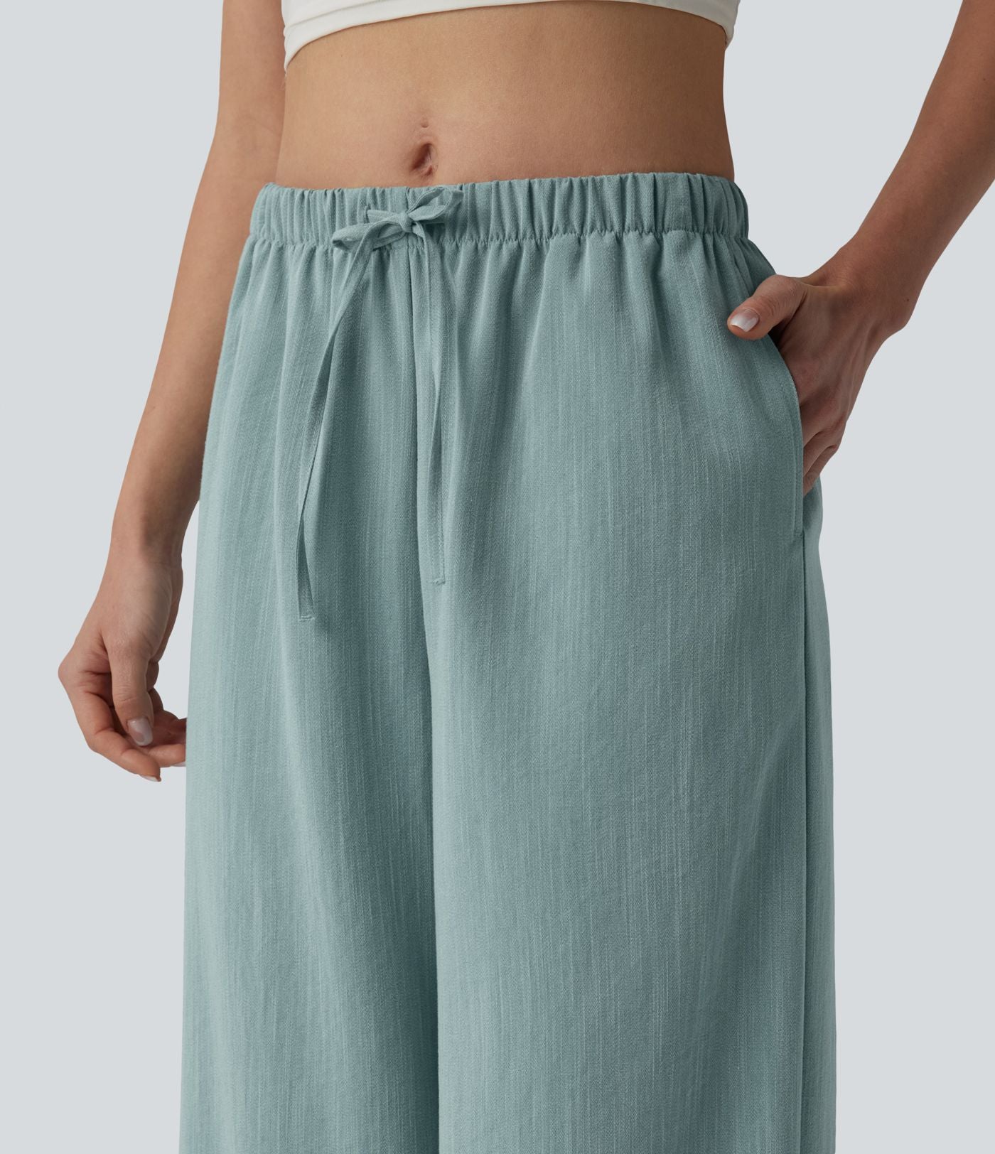 Pantalon large décontracté taille mi-haute avec cordon de serrage aspect lin avec poches
