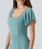Robe maxi fluide col carré manches courtes soutien-gorge intégré dos noué