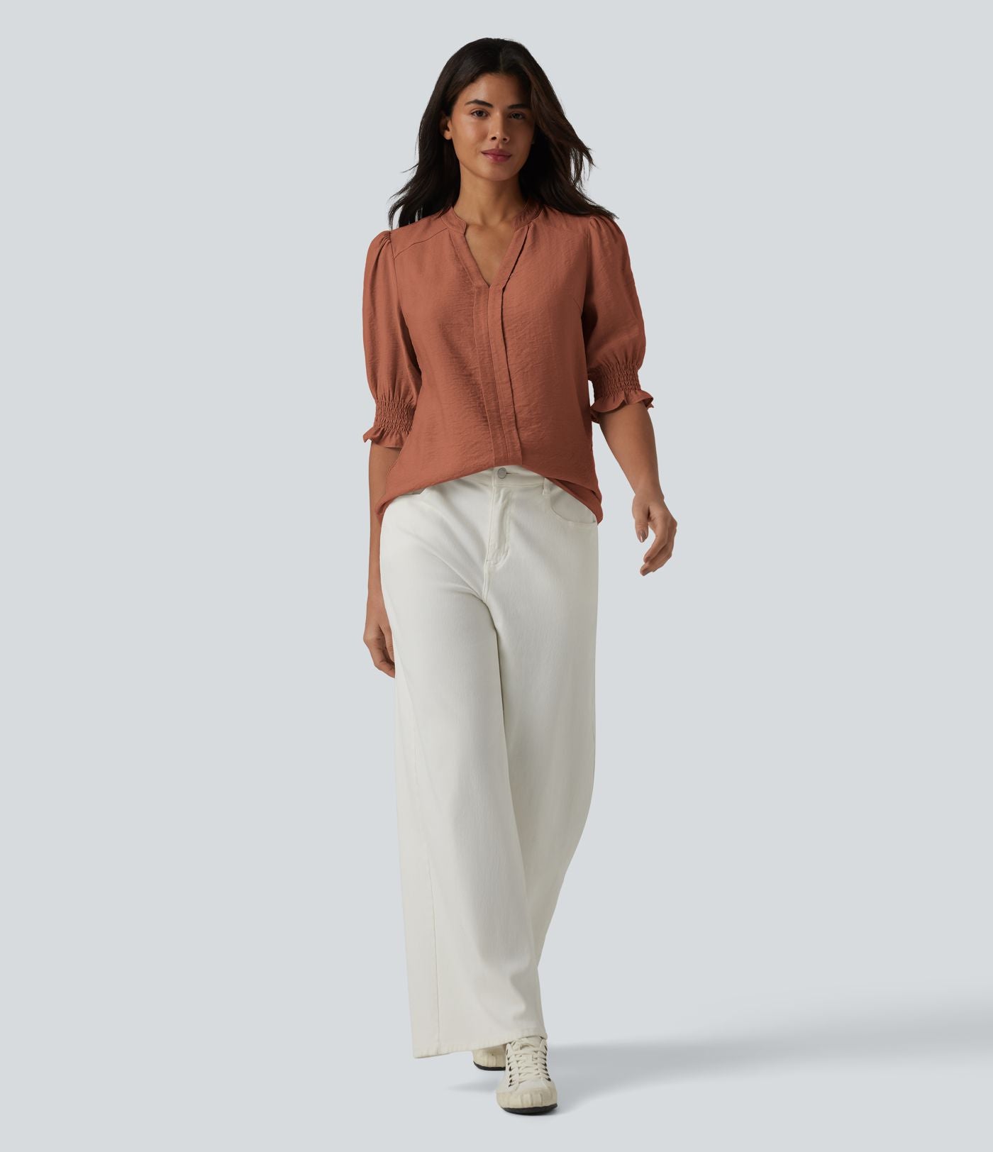 Blouse décontractée à col en V et manches courtes bouffantes