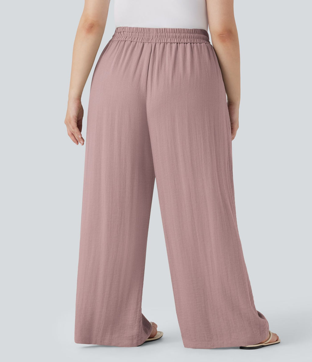 Pantalon décontracté grande taille large fluide taille haute effet lin avec cordon de serrage et poches