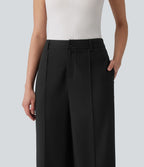 Pantalon tailleur droit taille haute aspect lin avec poches