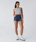 Halara Flex™ Short en Denim Tricot Extensible Lavé à Taille Haute avec Poches Multiples et Ourlet Replié