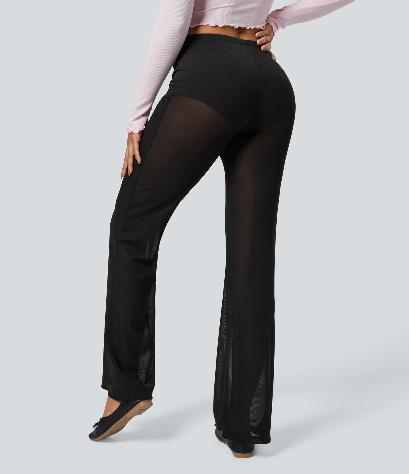 Pantalon Évasé de Danse 2 en 1 en Maille Transparente Taille Haute