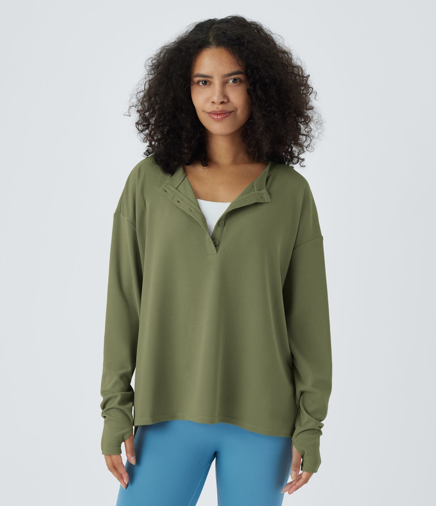 Sweatshirt Casual Waffle à Boutons Devant avec Trou Pouce et Fente