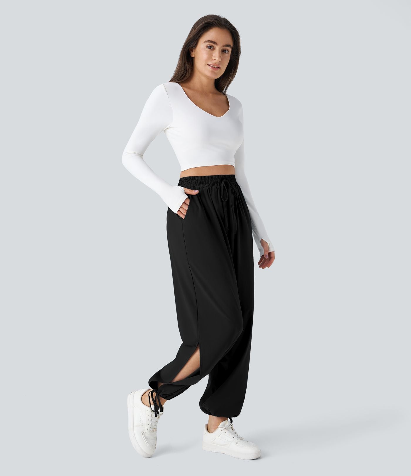 Breezeful™ Jogging Casual à Taille Haute avec Cordon de Serrage Poches Latérales Fente en Bas et Séchage Rapide