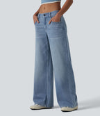 Halara Flex™ Jean Large Casual Taille Basse avec Boutons Zip Multiples Poches Lavés Élastiques et Tricotés