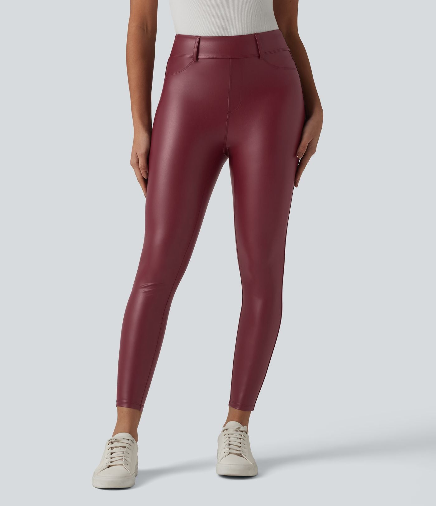 Legging 7/8 casual taille haute extensible en simili cuir avec poches