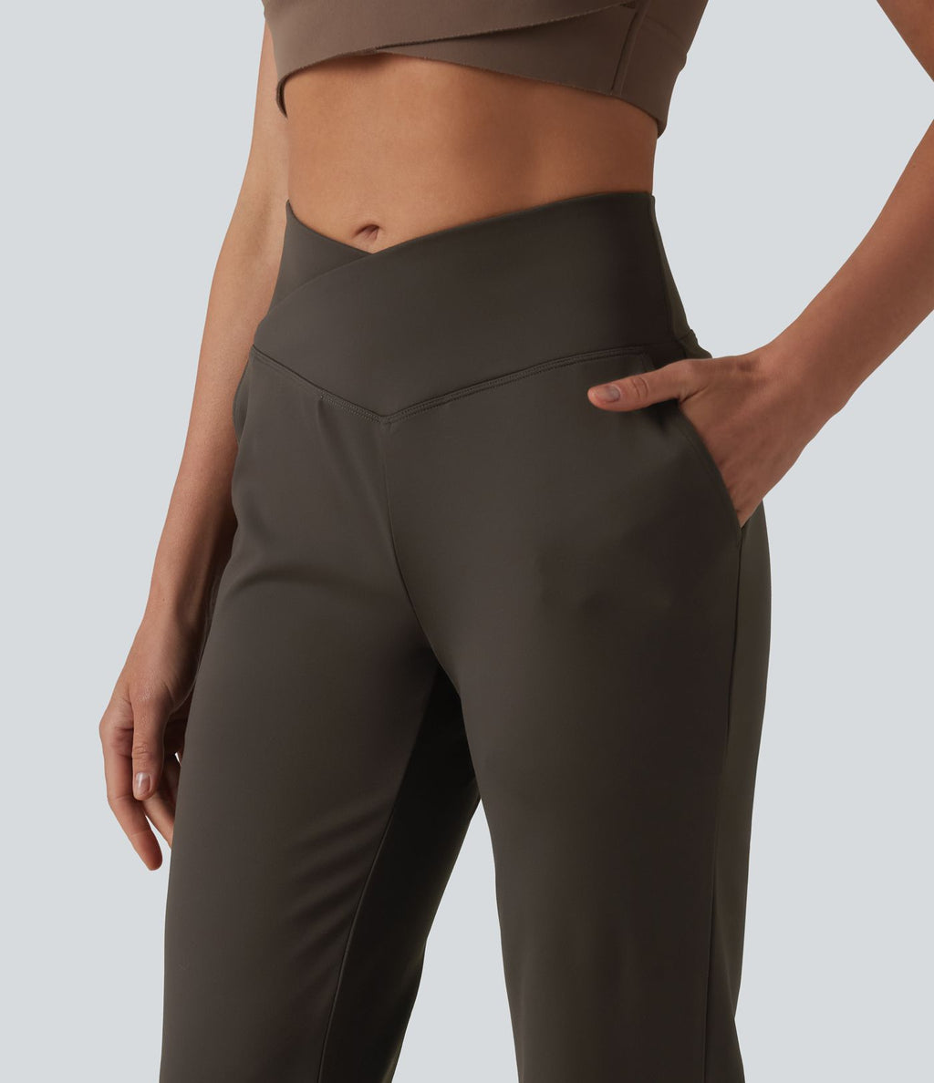 Pantalon bootcut de yoga taille haute croisée avec poches