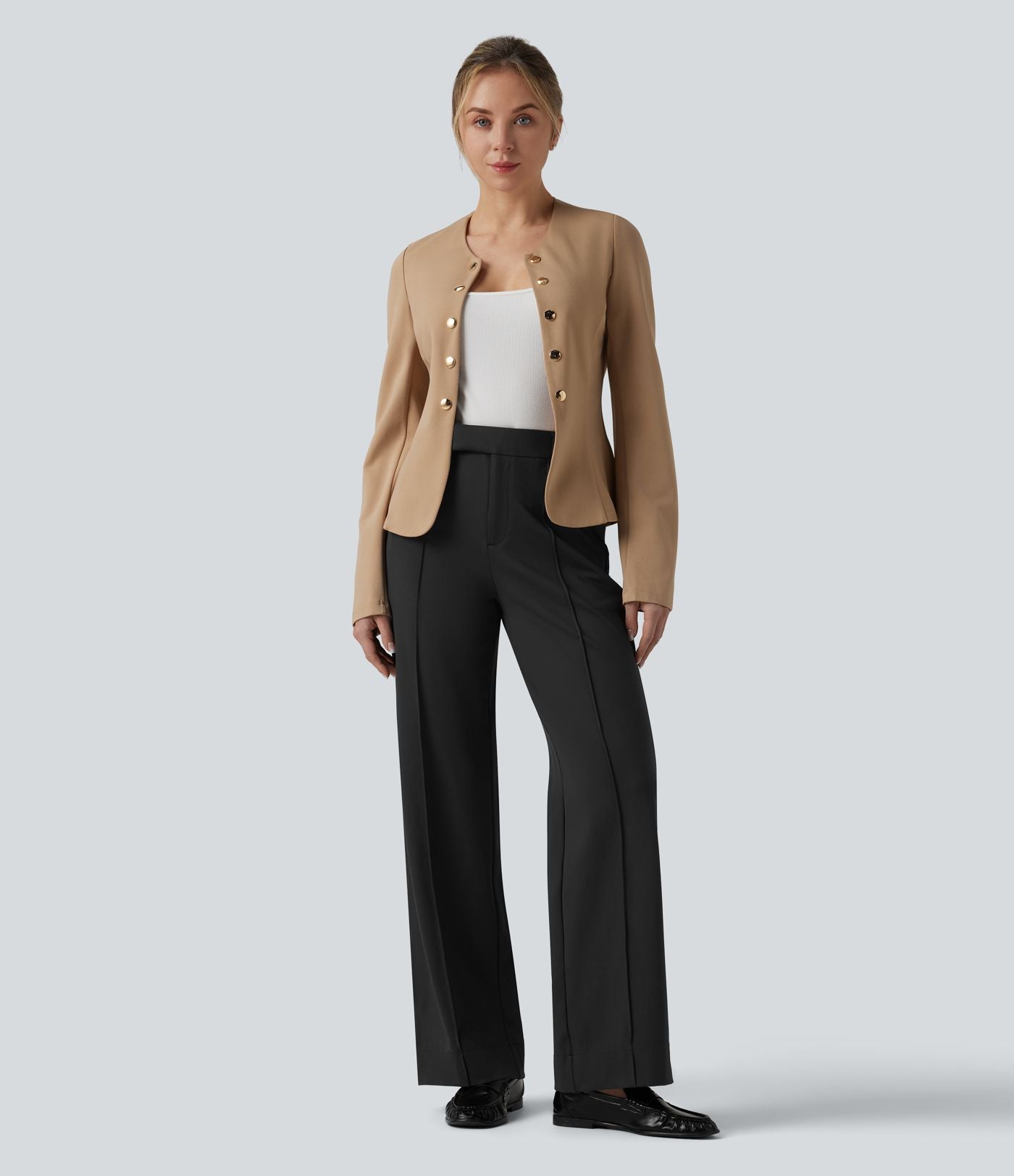Blazer de travail col rond boutons décoratifs ourlet plissé