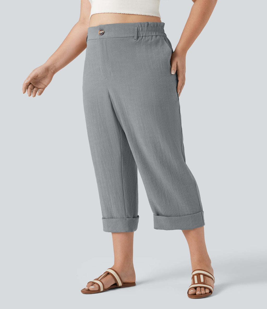 Pantalon de villégiature capri effet lin, grande taille, taille haute, avec poches