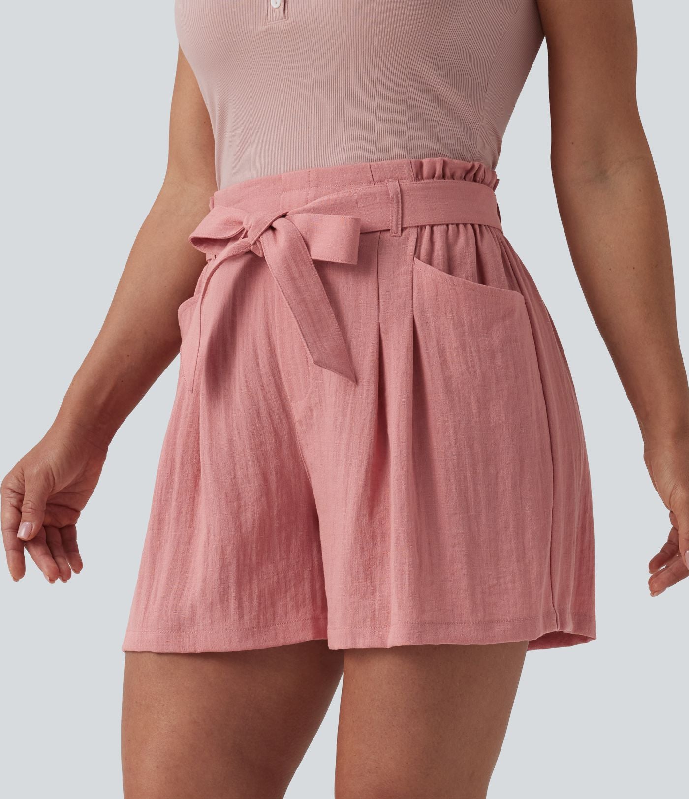 Short décontracté taille haute avec nœud devant aspect lin avec poches