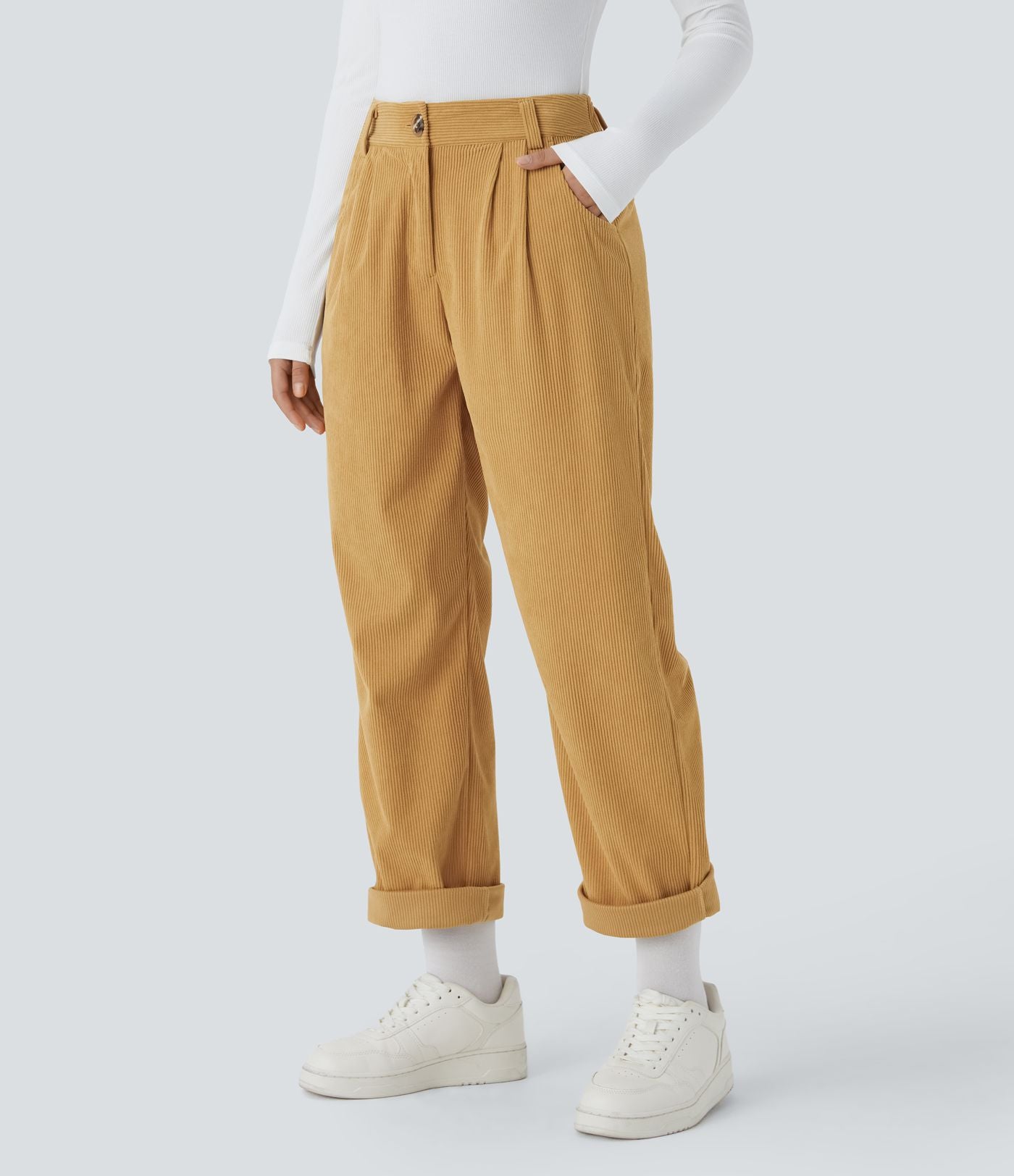 Pantalon en velours côtelé décontracté taille moyenne avec poches latérales