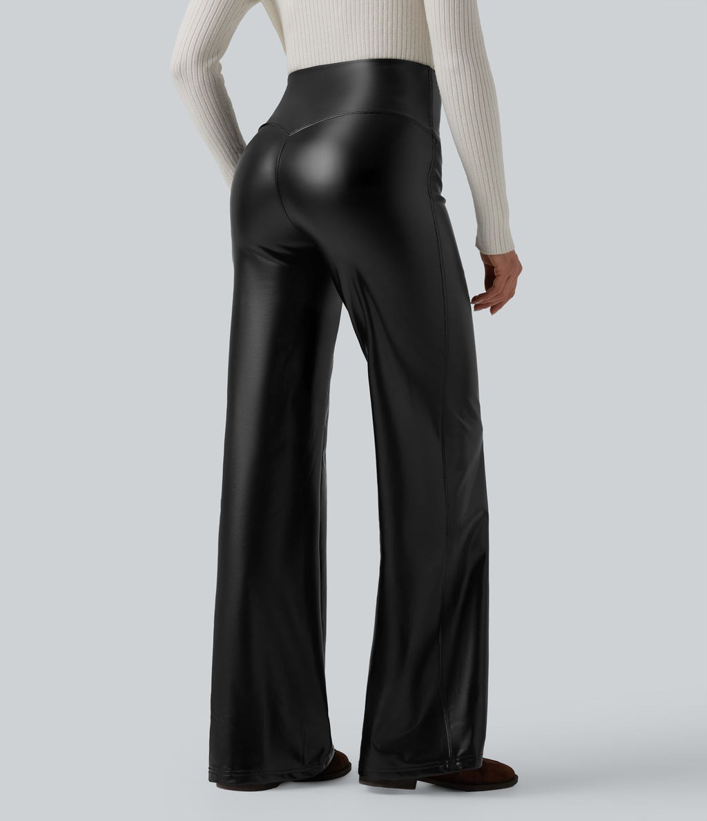 Pantalon similicuir évasé gainant taille haute stretch avec poches