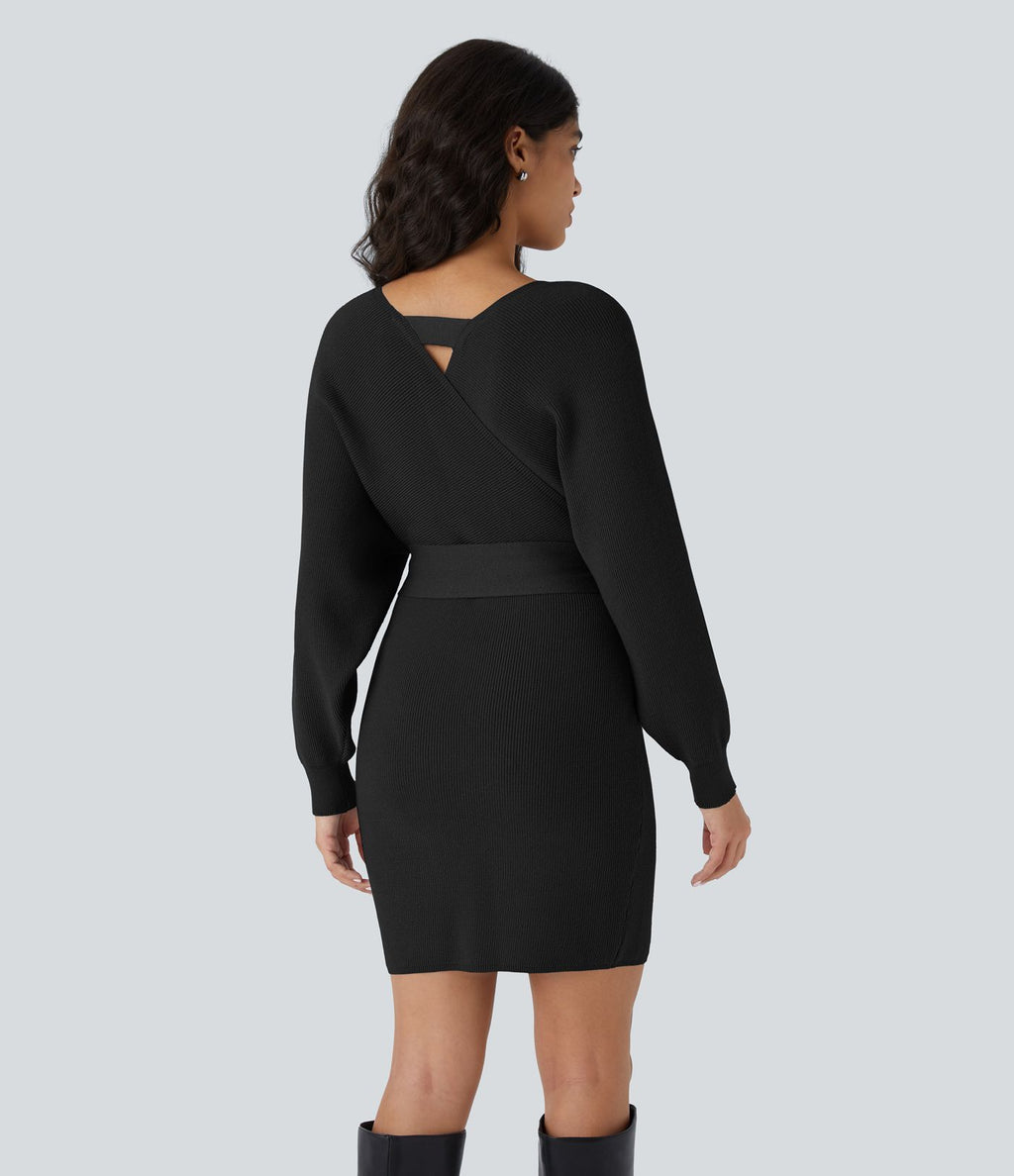 Robe-pull courte décontractée à col V croisé, manches chauve-souris longues et ceinture