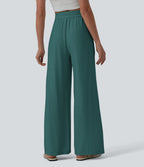 Pantalon casual large mélange lin taille haute avec cordon de serrage et poches