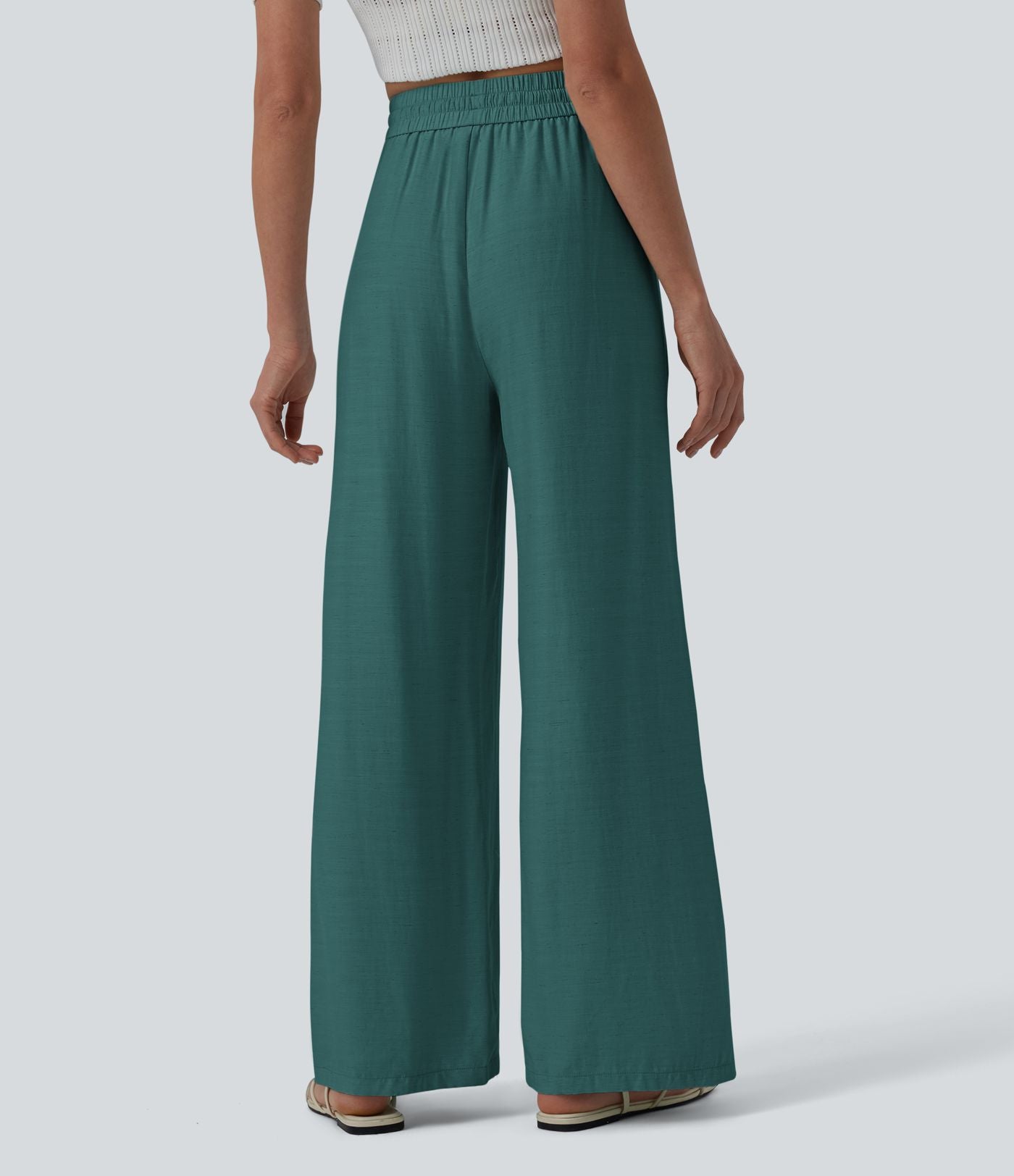 Pantalon casual large mélange lin taille haute avec cordon de serrage et poches