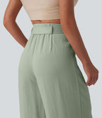 Pantalon casual ample taille haute aspect lin avec ceinture et poches
