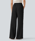 Pantalon décontracté taille haute à cordon de serrage, effet lin, avec poches