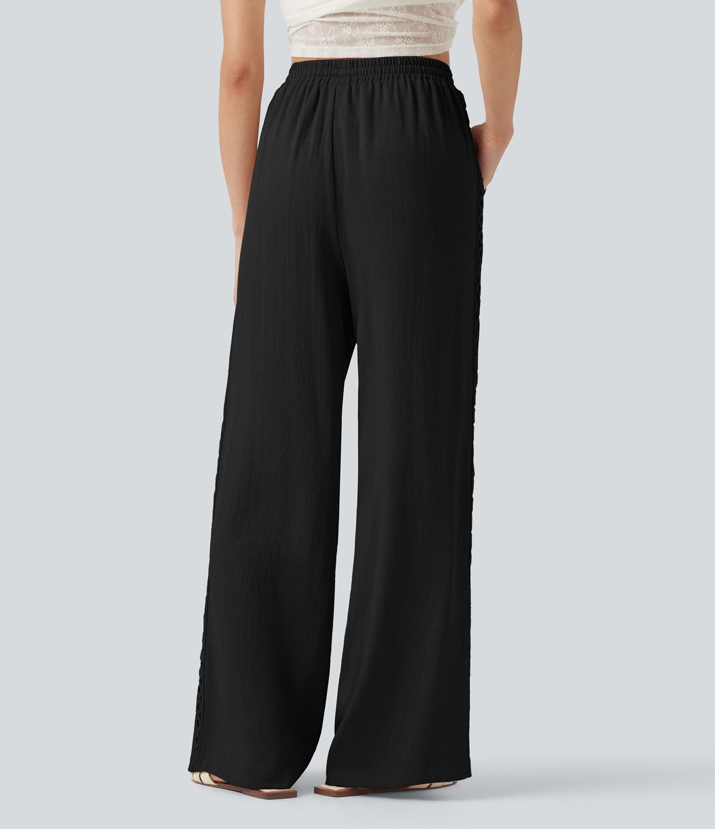 Pantalon décontracté taille haute à cordon de serrage, effet lin, avec poches