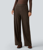 Pantalon décontracté droit en velours côtelé, taille haute, avec poches