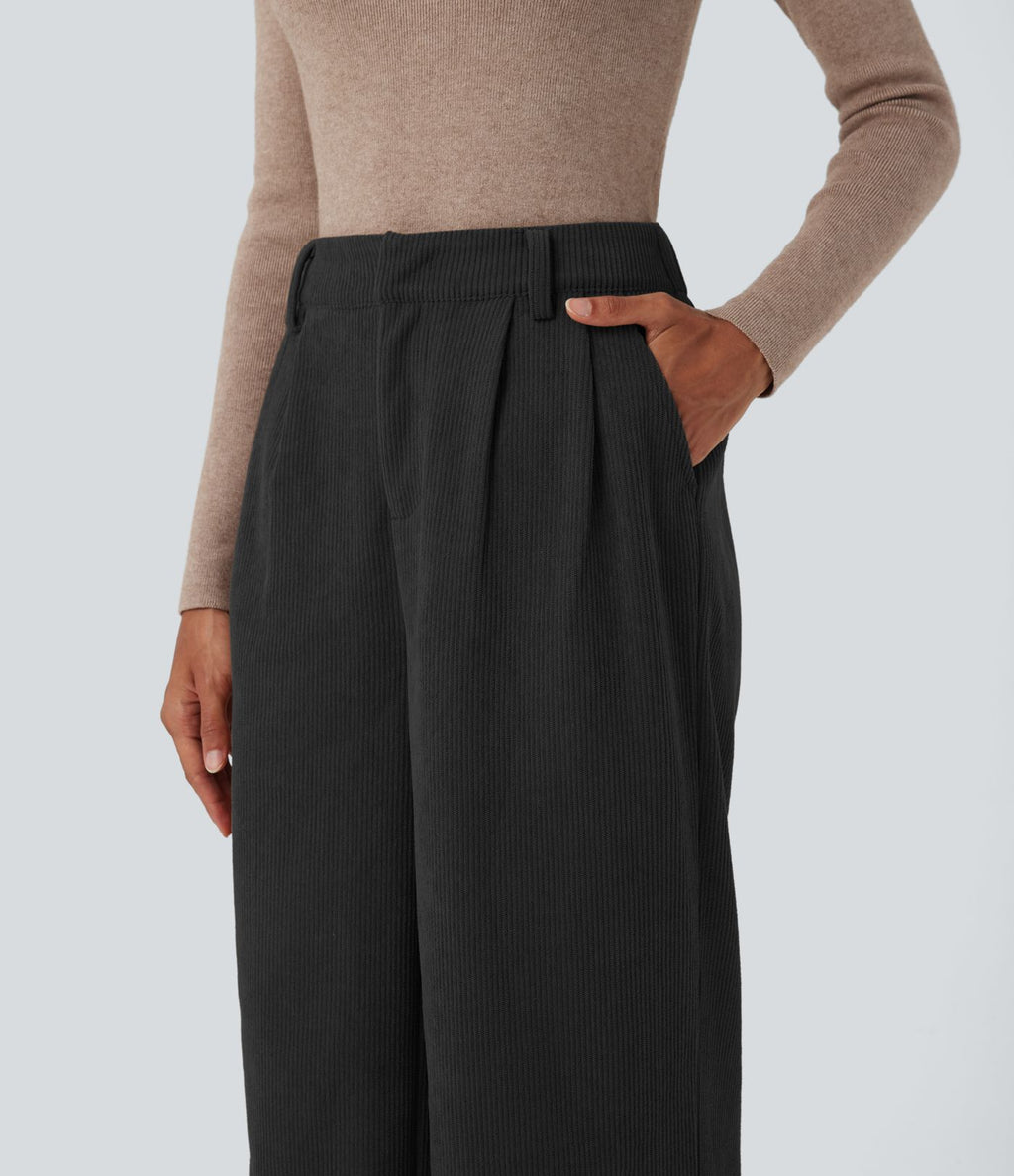 Pantalon ample décontracté velours côtelé taille haute avec poches