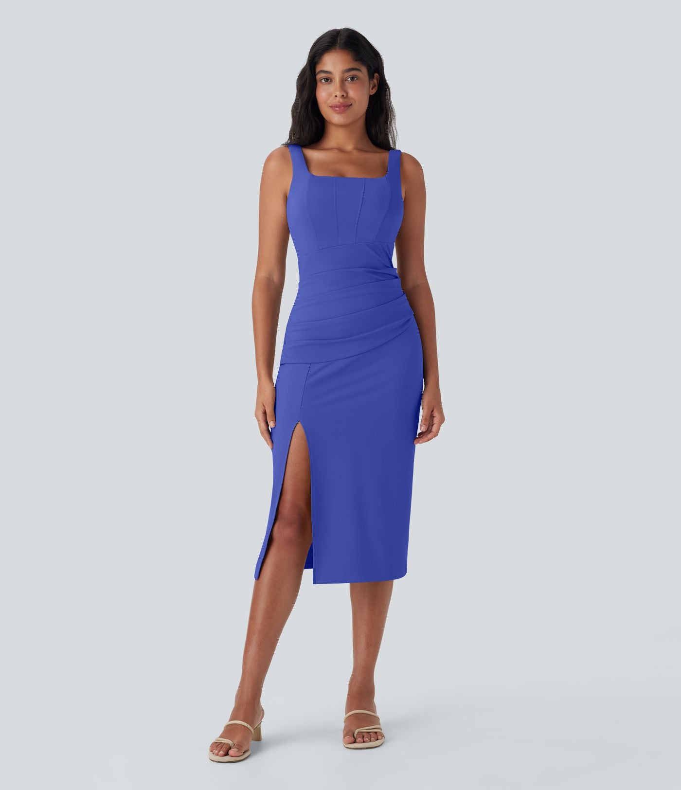 Robe moulante mi-longue SoftlyZero™ Airy col carré corset froncée effet frais InstantCool, bonnets E-G