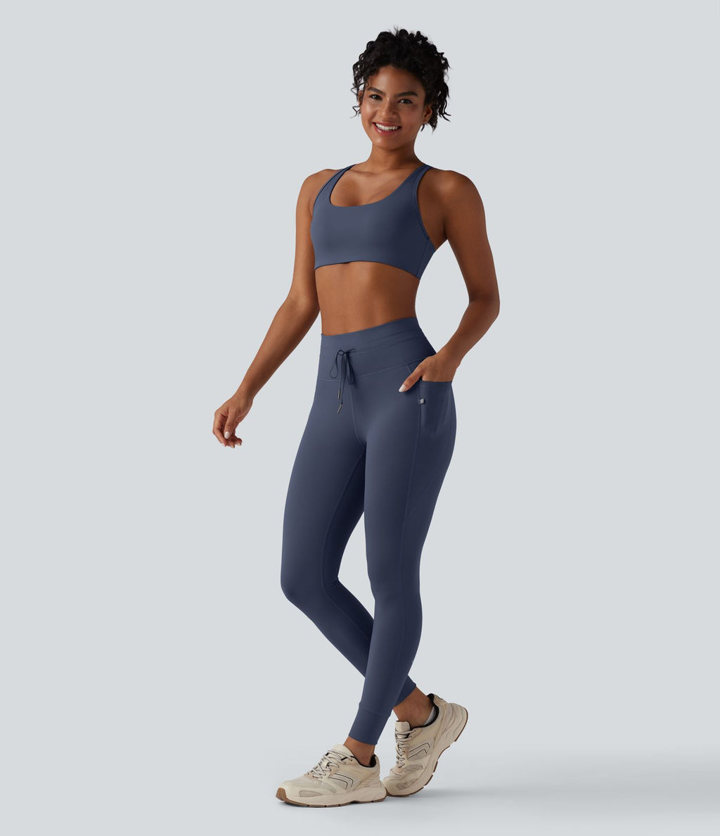 Legging 7/8 de yoga taille haute avec cordon de serrage uni et poches
