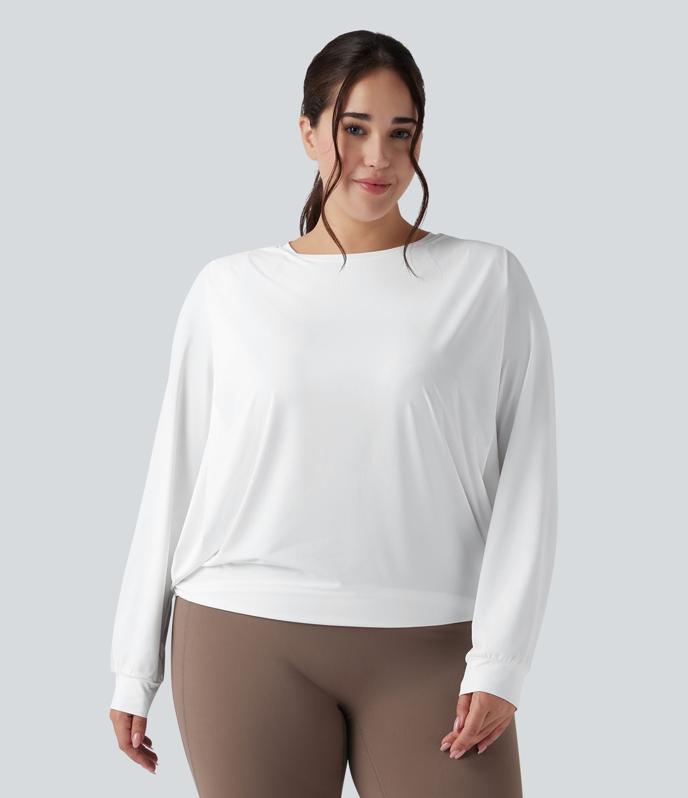 Haut de yoga grande taille à col rond, manches longues et fronces - UPF50+