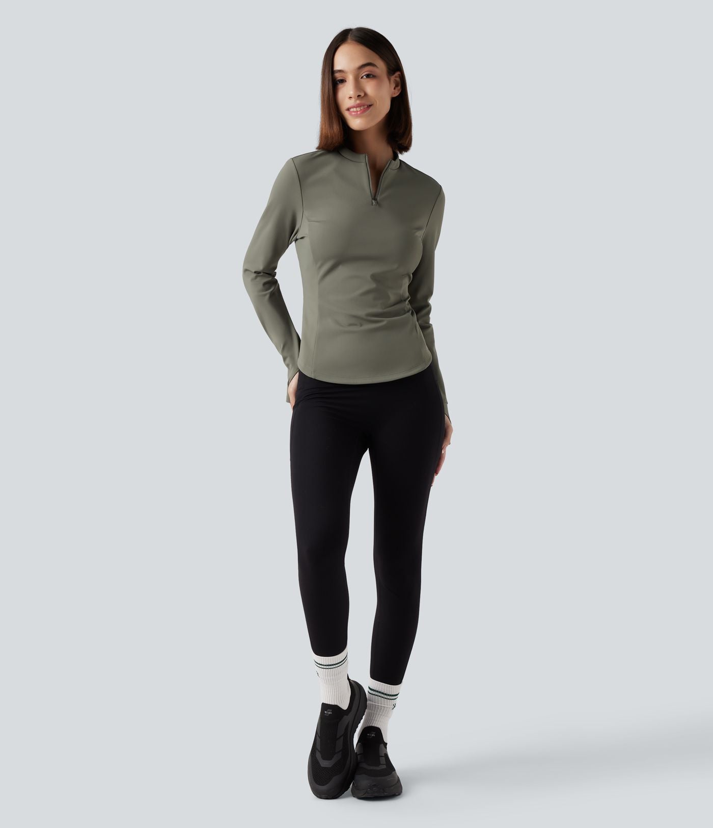 Haut de sport yoga polaire col montant demi-zip à manches longues avec passants pouces