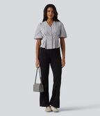 Blouse casual à rayures col V et manches bouffantes mi-longues