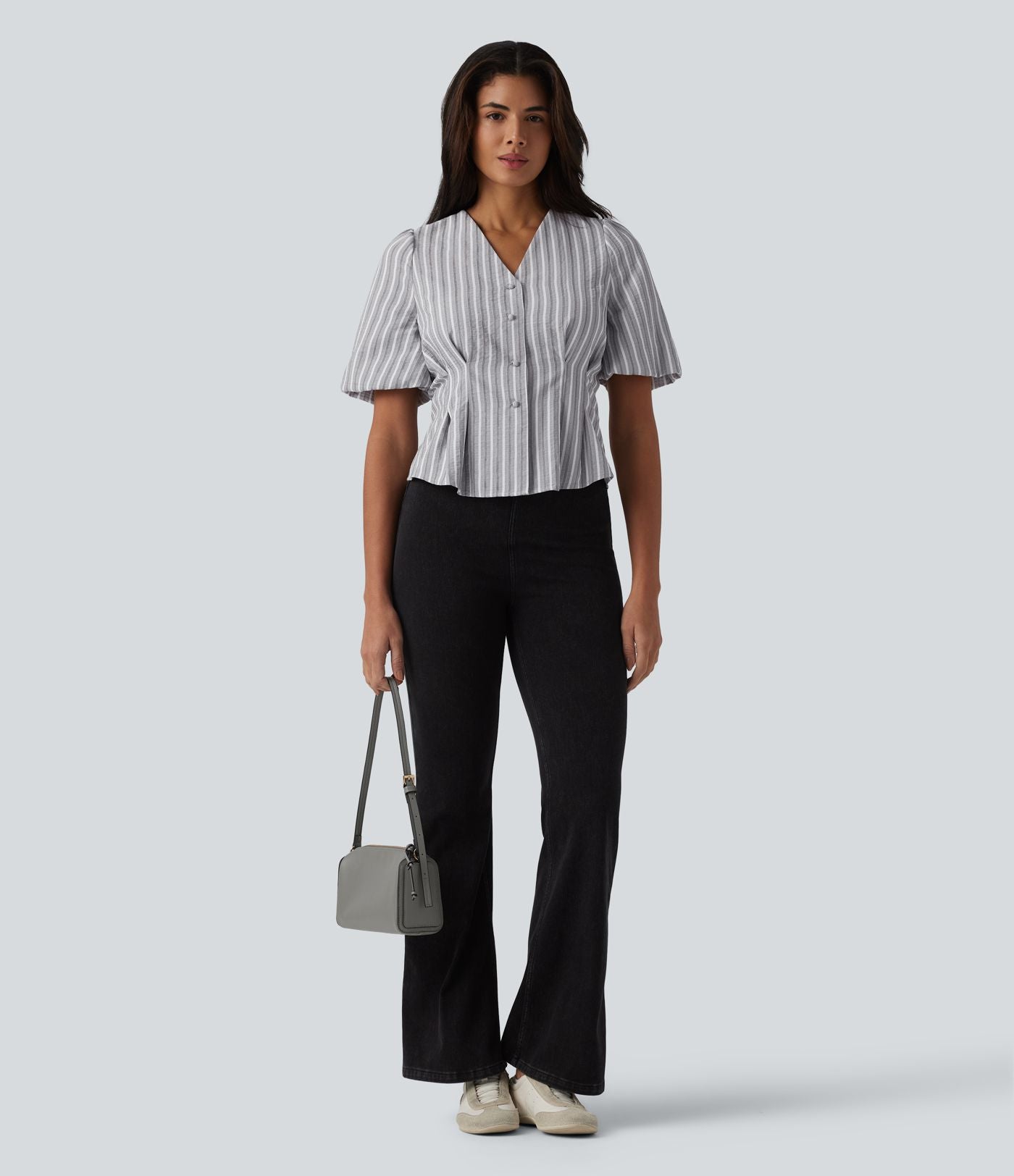 Blouse casual à rayures col V et manches bouffantes mi-longues