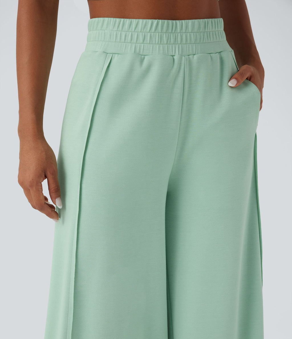 Pantalon décontracté micro gaufré jambe large taille haute avec poches