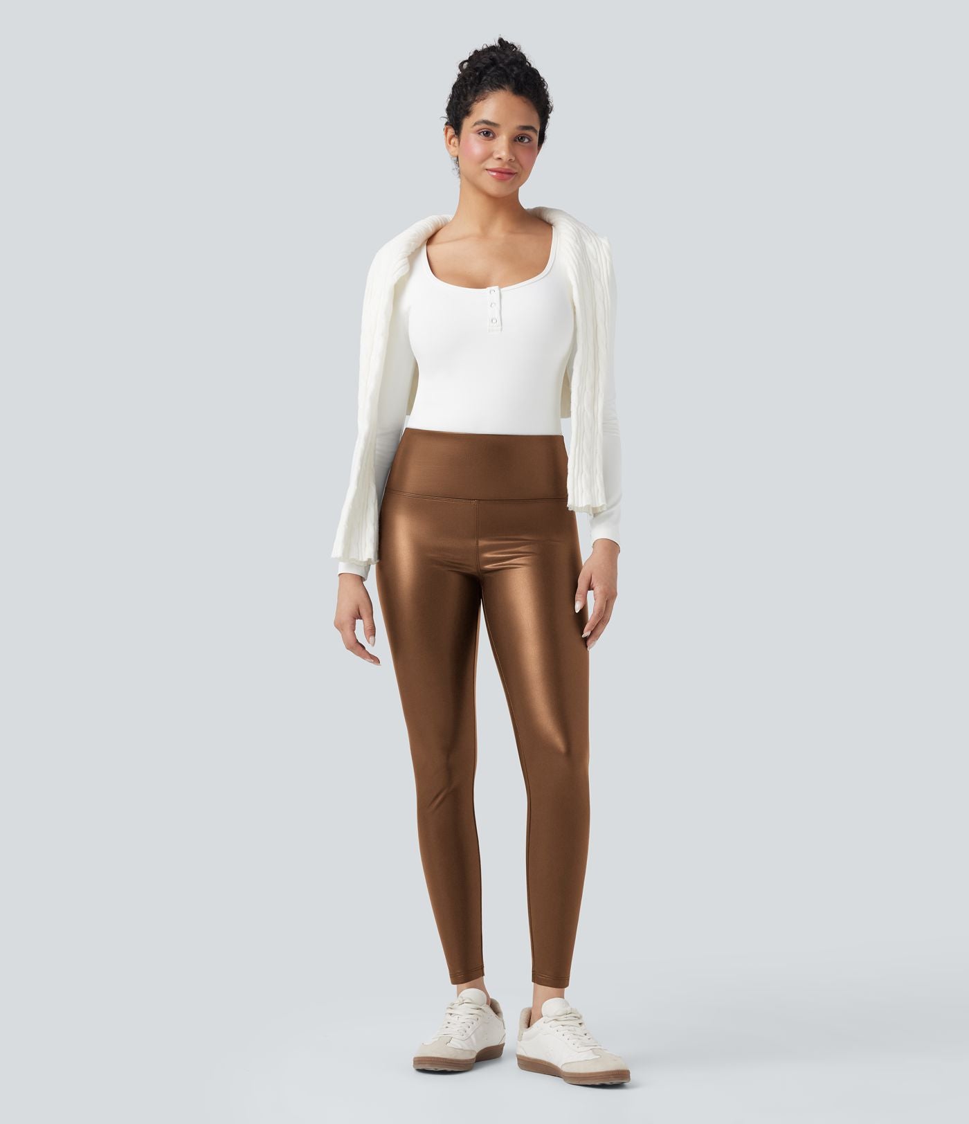 Pantalon 7/8 moulant décontracté polaire gainant taille haute extensible effet cuir avec poches