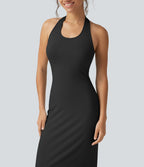Robe midi moulante en maille côtelée à col halter