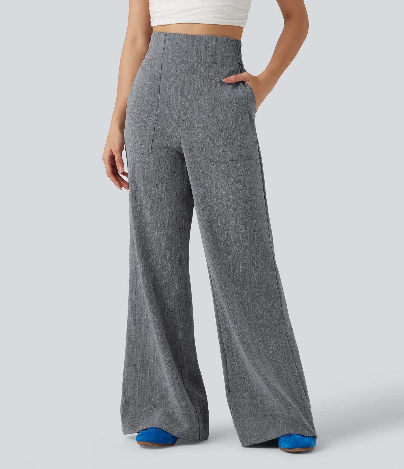 Pantalon flare taille haute effet lin avec poches