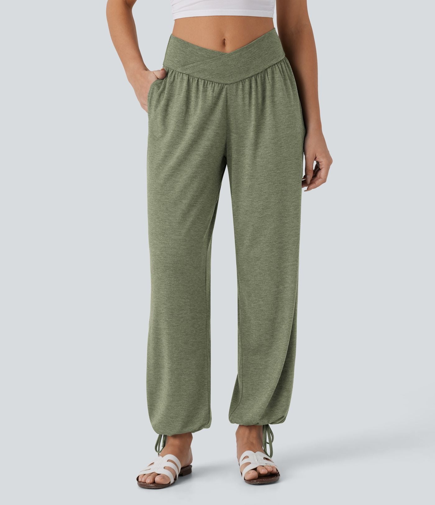 Pantalon de jogging décontracté à taille haute croisée avec poches latérales et cordon de serrage