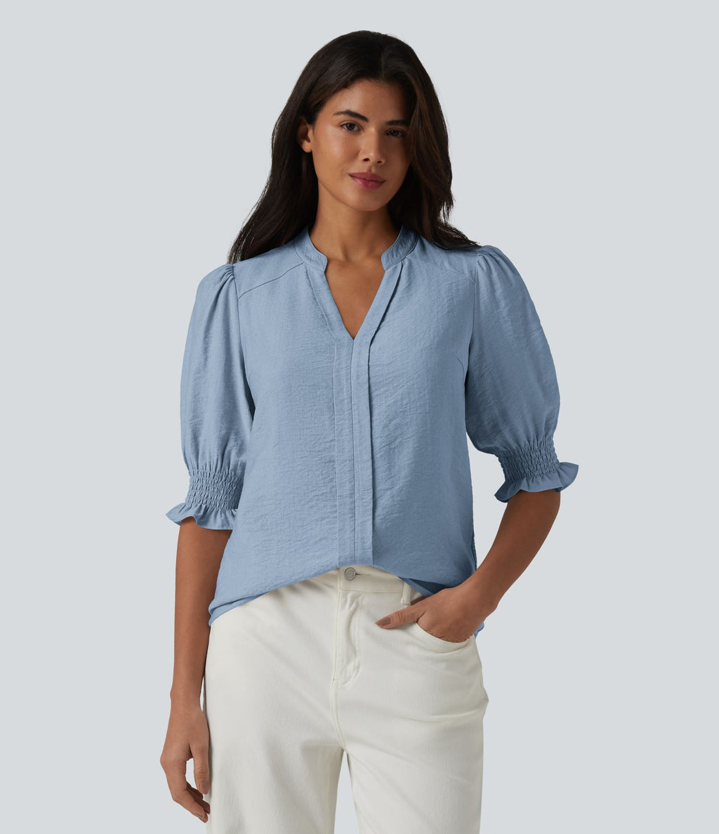 Blouse décontractée à col en V et manches courtes bouffantes