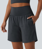 Short yoga 2-en-1 à rayures taille super haute 17,5 cm avec poches