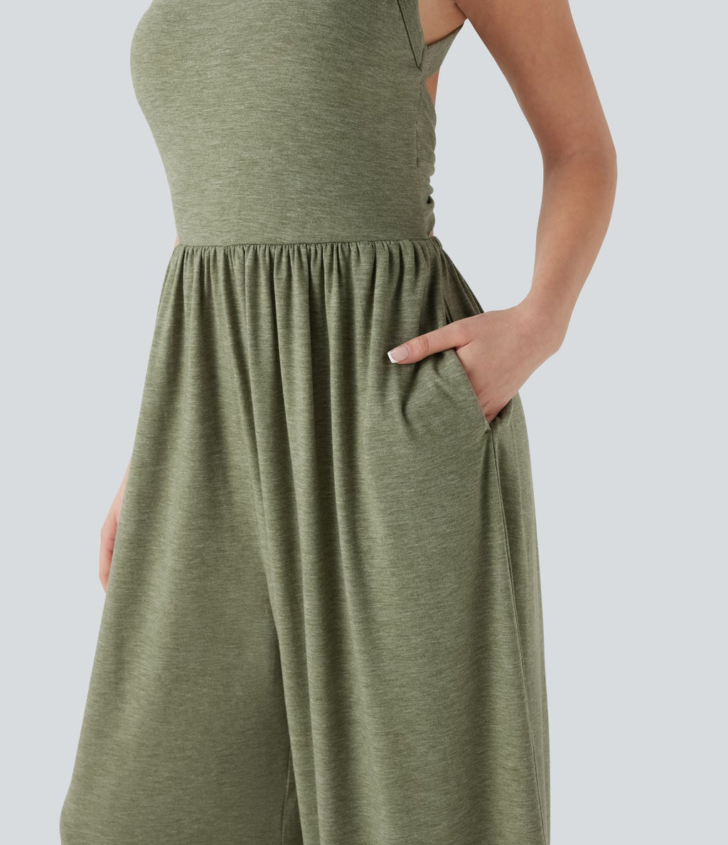 Combinaison décontractée dos nu torsadée large fluide avec brassière intégrée et poches - Easy Peasy Edition