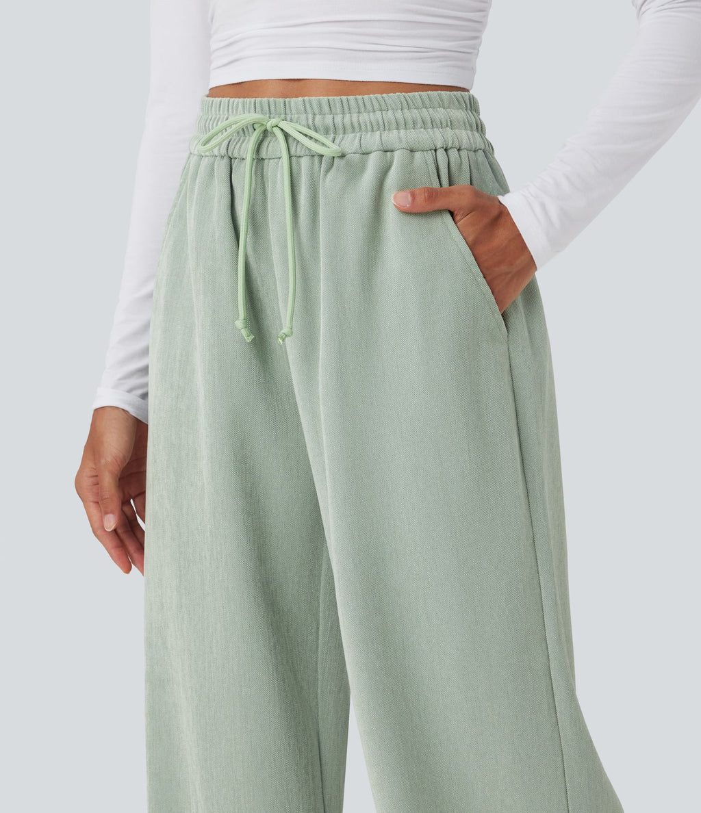 Pantalon décontracté jambe large taille haute avec cordon de serrage et poches
