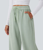 Pantalon décontracté jambe large taille haute avec cordon de serrage et poches