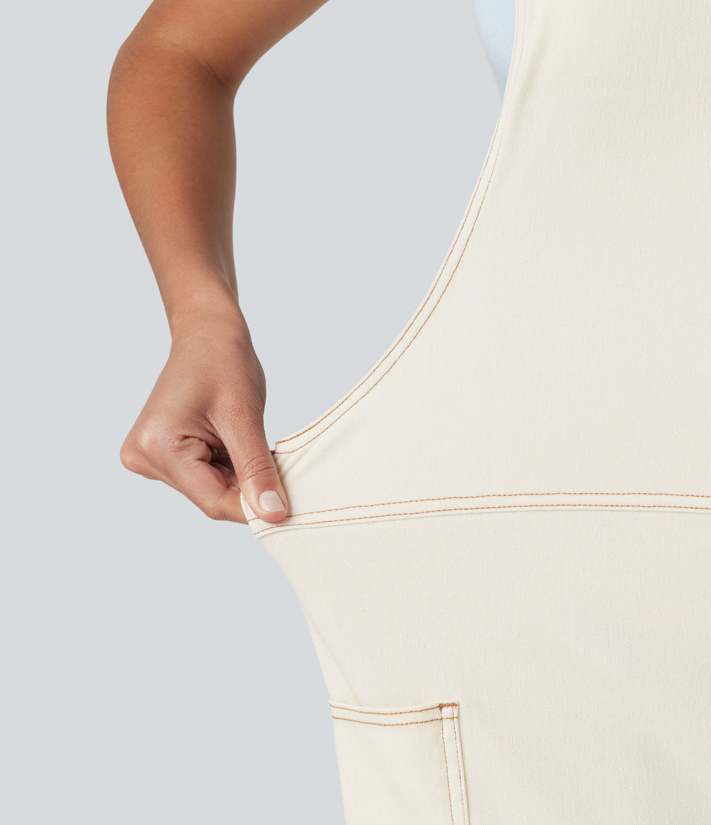 Salopette en jean Halara Flex™ col V délavée décontractée à ourlet roulotté avec poches