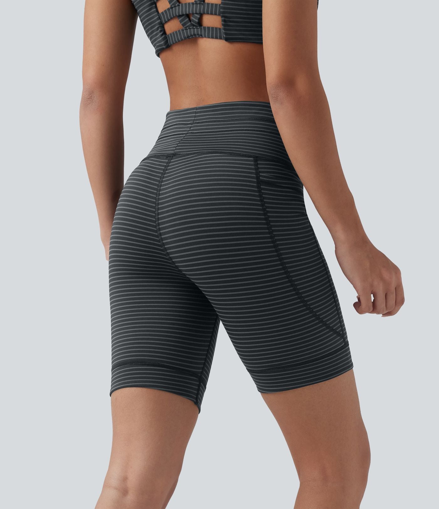 Short cycliste de yoga taille haute à rayures avec cordon de serrage 17,5 cm et poches